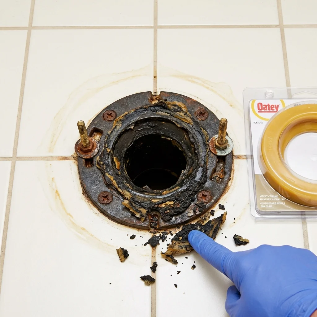 Failed wax ring showing water seepage at the base of a toilet in a Imperial, MO home